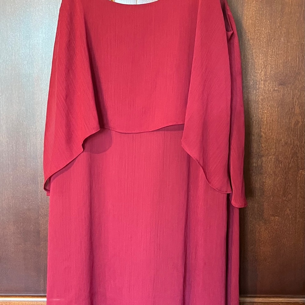 Womens Olsenboye brand spaghetti strap asymmetrical dress with sheer over lay